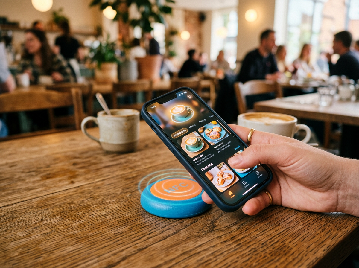 Guest tapping smartphone on Tapdaa NFC mark